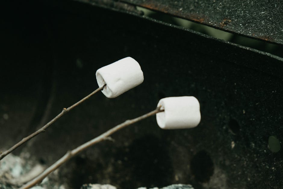 Two marshmallows on sticks being roasted over a campfire, capturing a cozy outdoor camping experience.