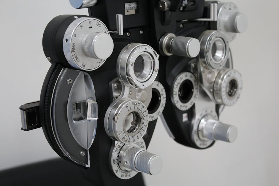 Close-up photo of a phoropter, essential equipment for eye exams.