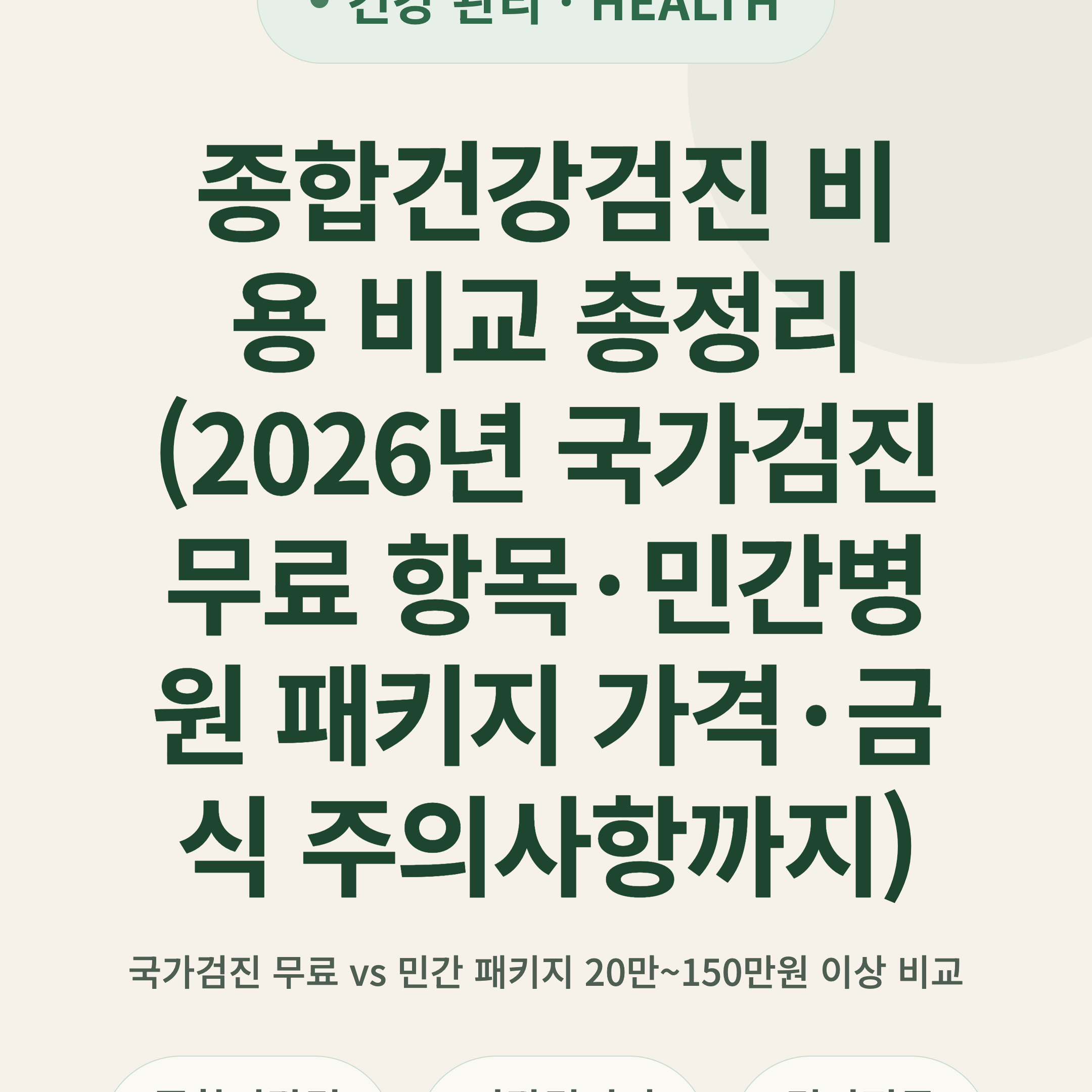 종합건강검진 비용 비교 총정리 (2026년 국가검진 무료 항목·민간병원 패키지 가격·금식 주의사항까지)