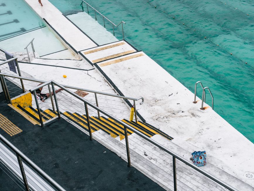 Aerial view of Bondi Icebergs swimming pool with turquoise ocean backdrop in Sydney, Australia.