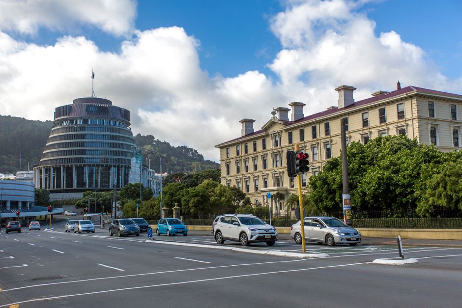 View of the Beehive and adjacent historic building in Wellington, New Zealand.