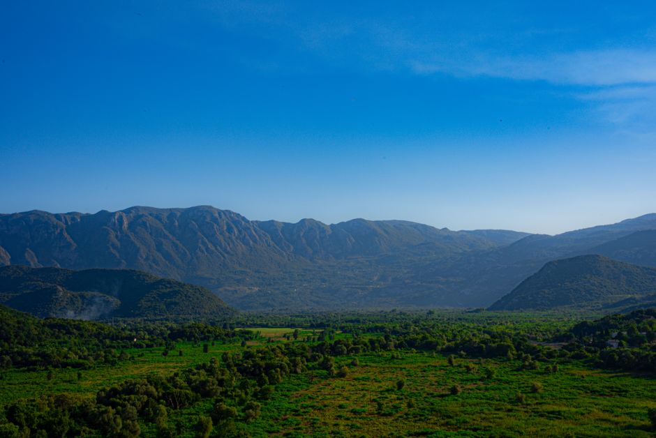 Stunning view of greenery and mountains under a clear blue sky in Montenegro.