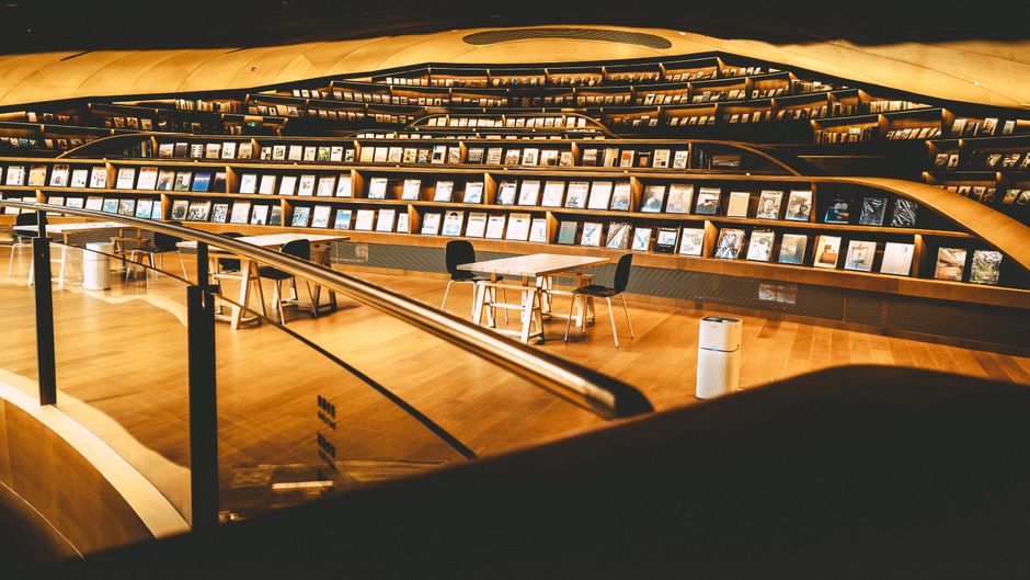 Modern library with unique curved bookshelves and wooden floors, creating a warm and inviting atmosphere.
