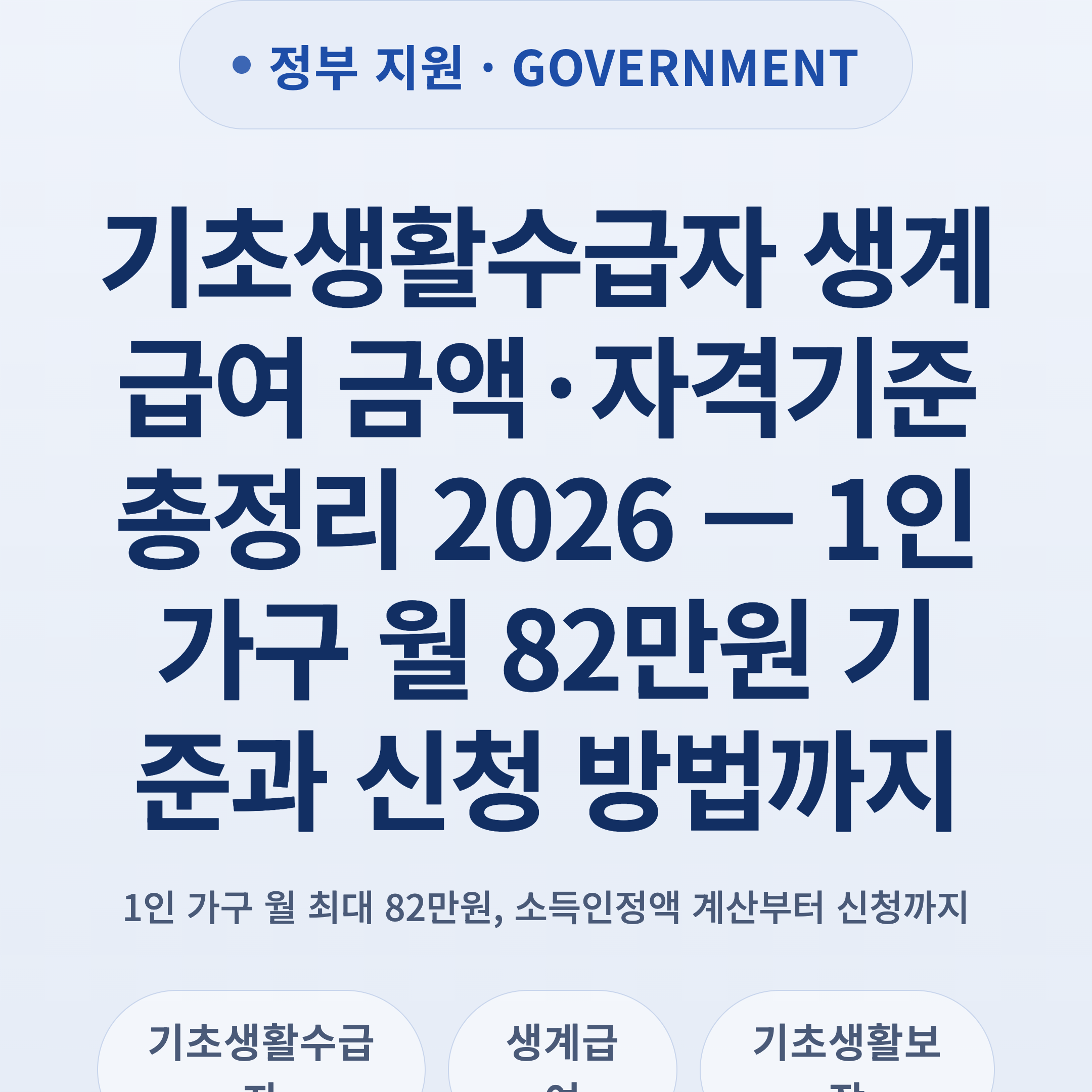 기초생활수급자 생계급여 금액·자격기준 총정리 2026 — 1인 가구 월 82만원 기준과 신청 방법까지