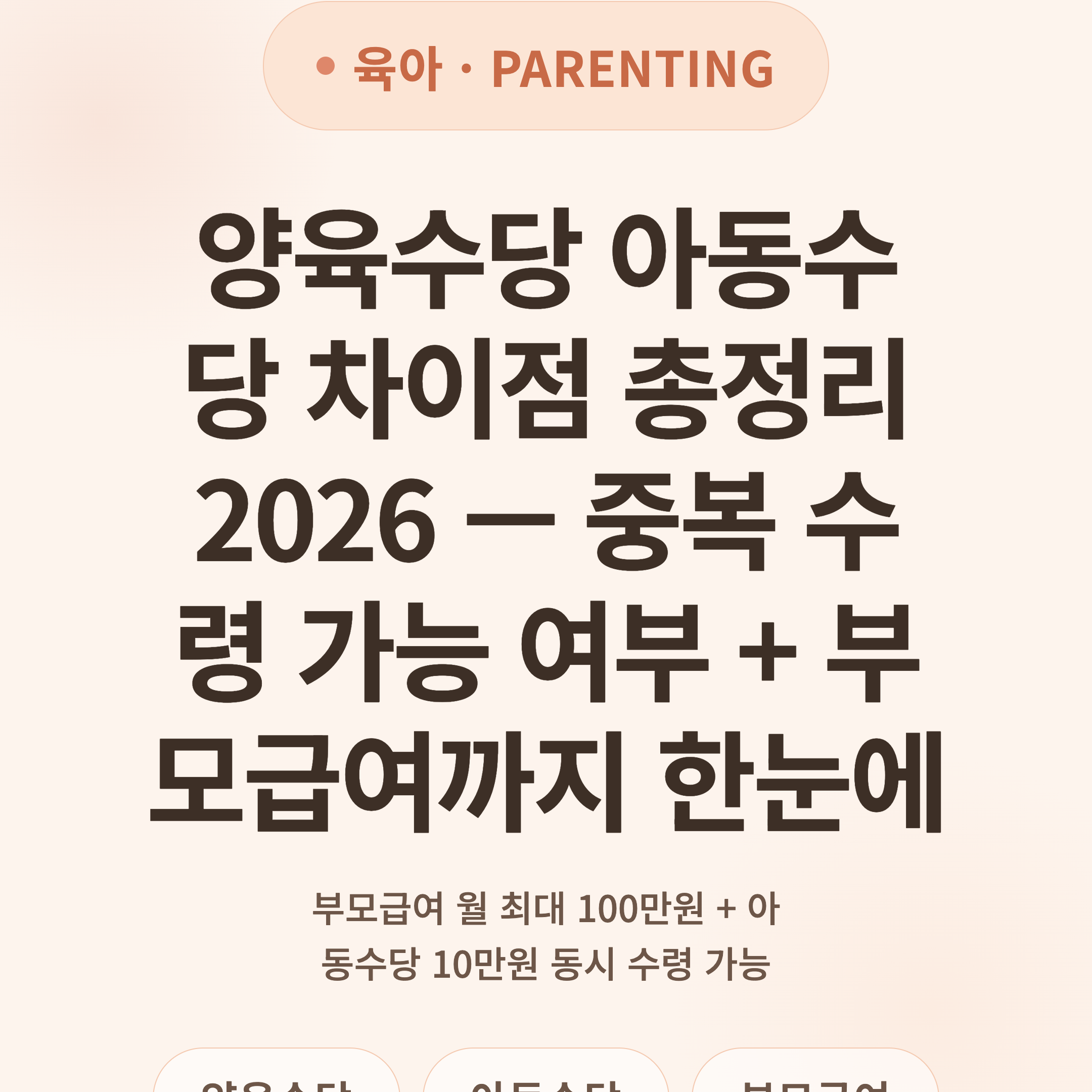 양육수당 아동수당 차이점 총정리 2026 — 중복 수령 가능 여부 + 부모급여까지 한눈에