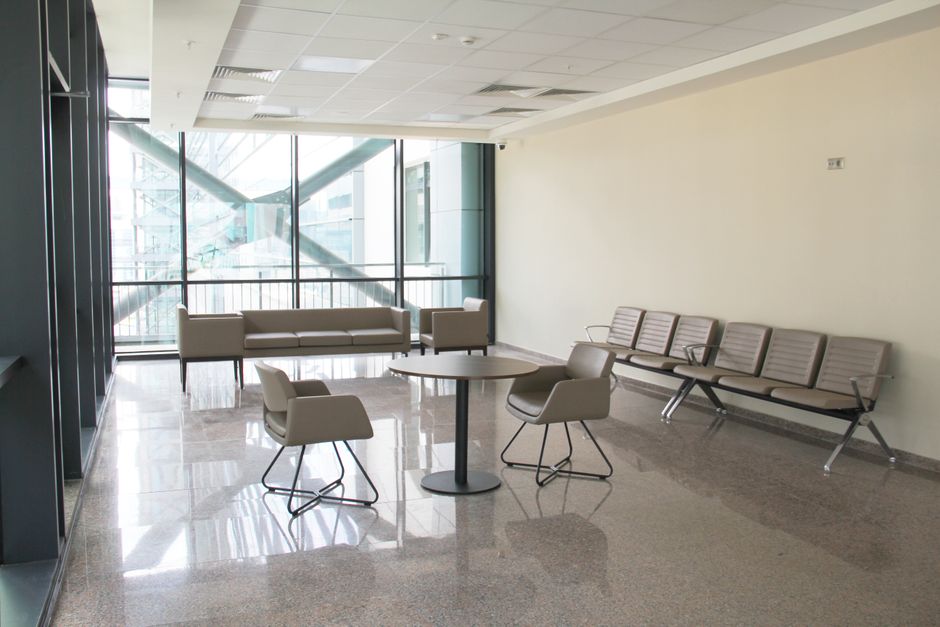 Spacious modern lobby area with contemporary seating and natural lighting.