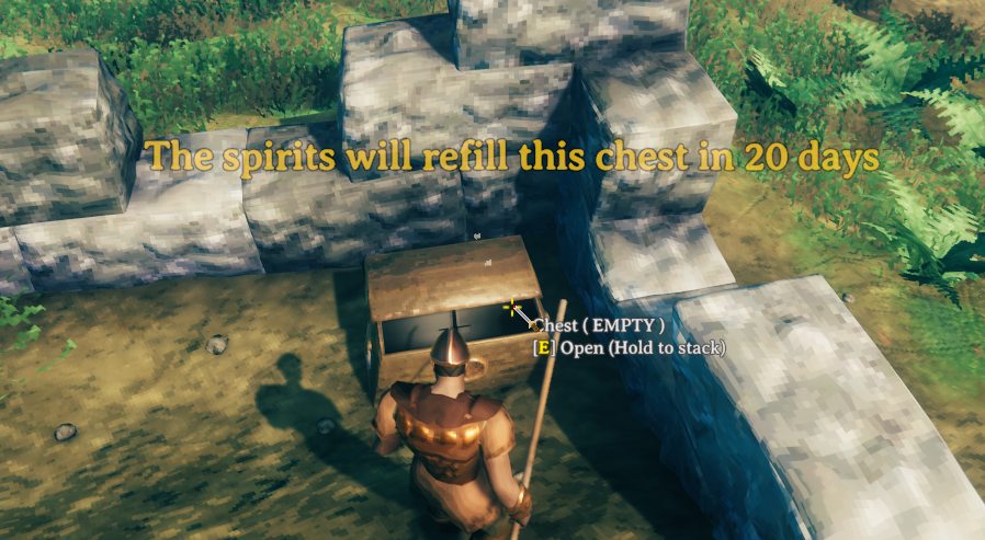 A player opening an empty loot chest, with the message "The spirits will refill this chest in 20 days" on screen