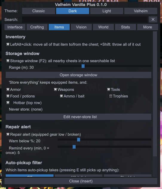 Items tab