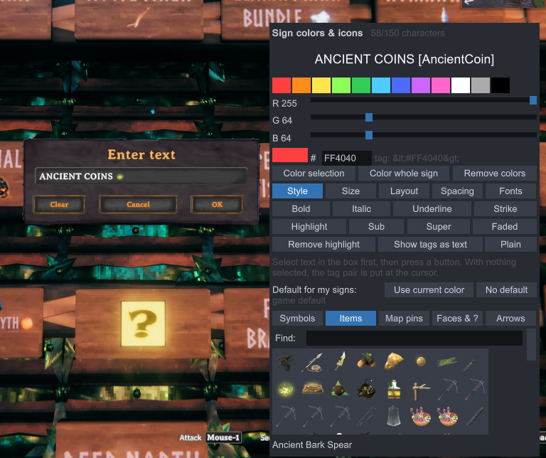 Sign editor panel beside the Enter text box