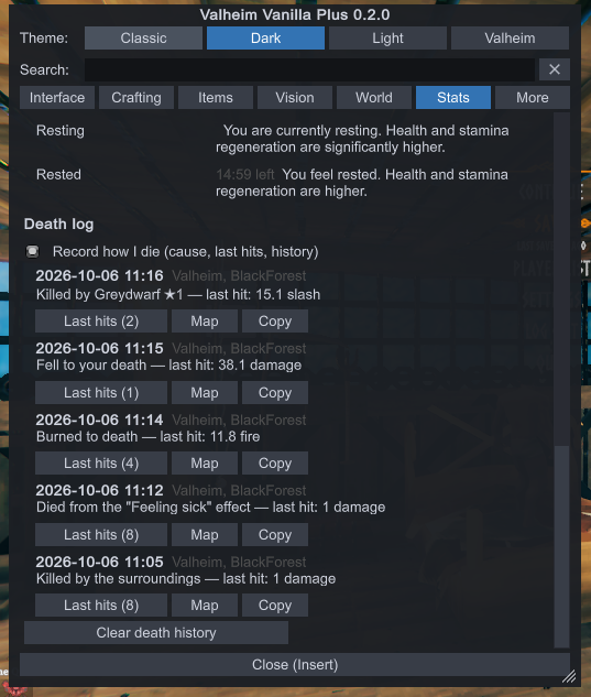 Death log in the Stats tab