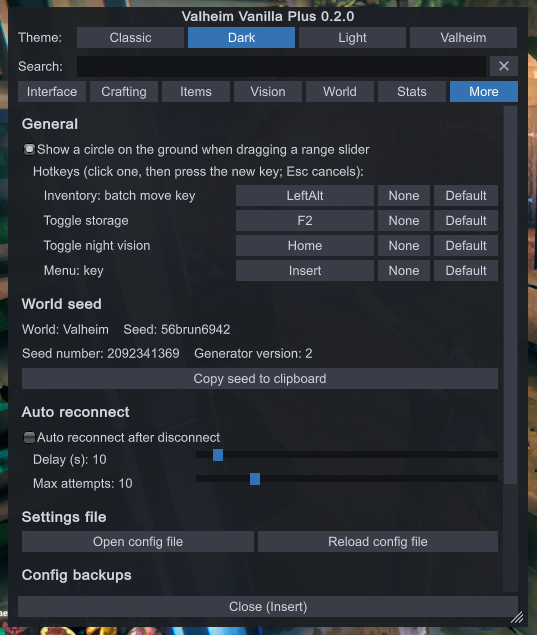 Hotkeys in the More tab