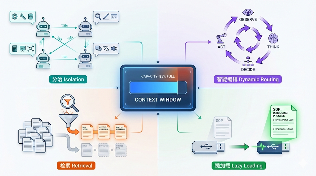 Context Window 管理戦略の全体像：Multi-Agent（分割統治）、Agentic Workflow（インテリジェント・オーケストレーション）、RAG（オンデマンド検索）、Skills（遅延読み込み）の4つのアプローチが限られた Context Window を中心に展開