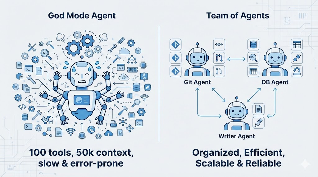 Multi-Agent アーキテクチャ図：God Mode Agent（単一万能エージェント）と Team of Agents（専門分業チーム）の比較アーキテクチャを示す