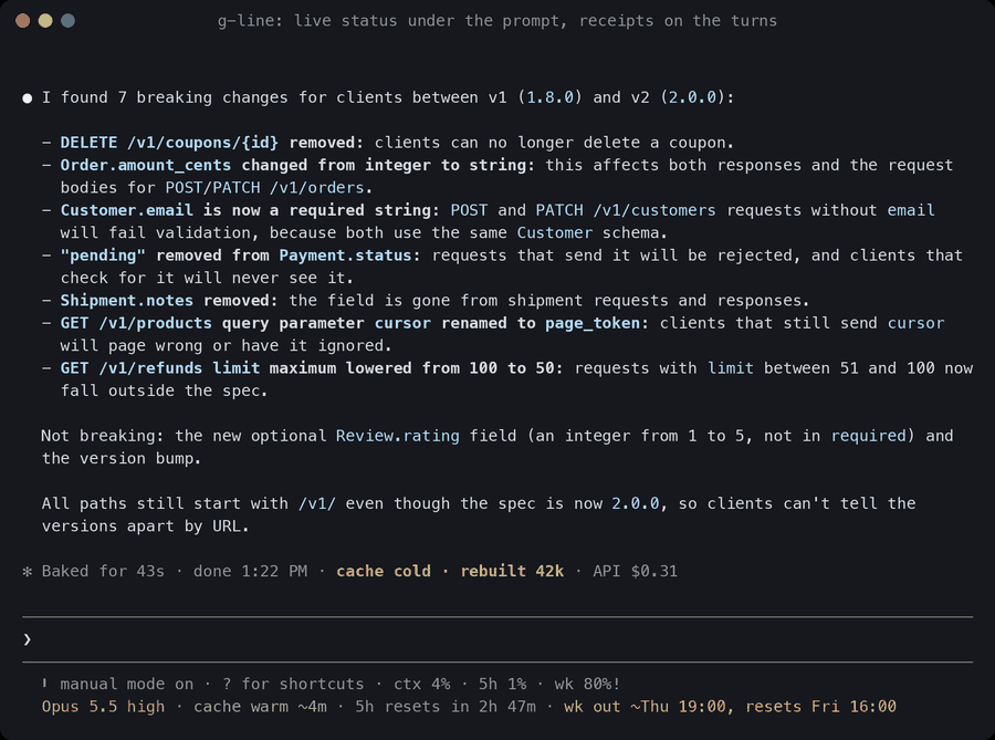 A real Claude Code session with g-line: an ordinary turn closes with "API $0.22 · cache read 49%"; while it runs, the spinner shows its burn and a Pulse headline; over five idle minutes the cache countdown on the second line runs down, a heads-up warns before it goes cold, and it goes cold; the next turn compares two API schemas and closes with "cache cold · rebuilt 42k · API $0.31"