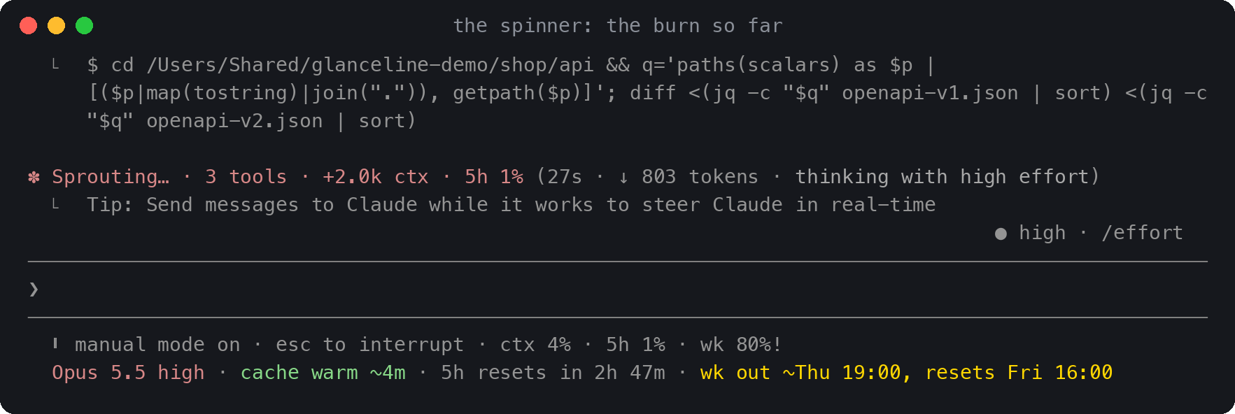 The spinner mid-turn: Sprouting… · 2 tools · +1.2k ctx · 5h 1%