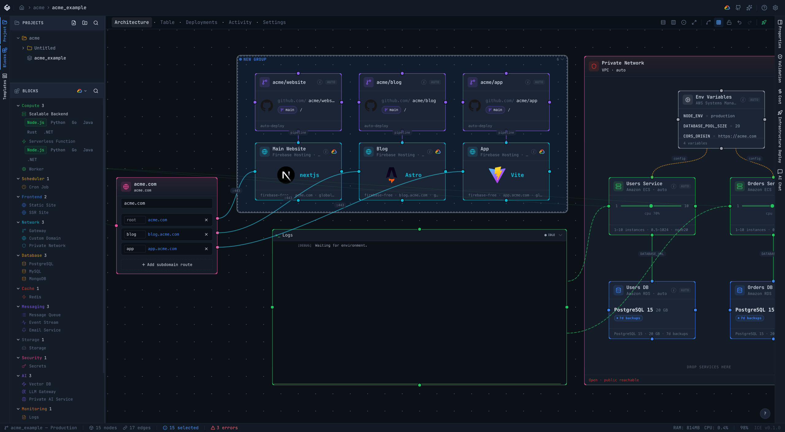 ICE canvas: drag blocks, connect them, deploy