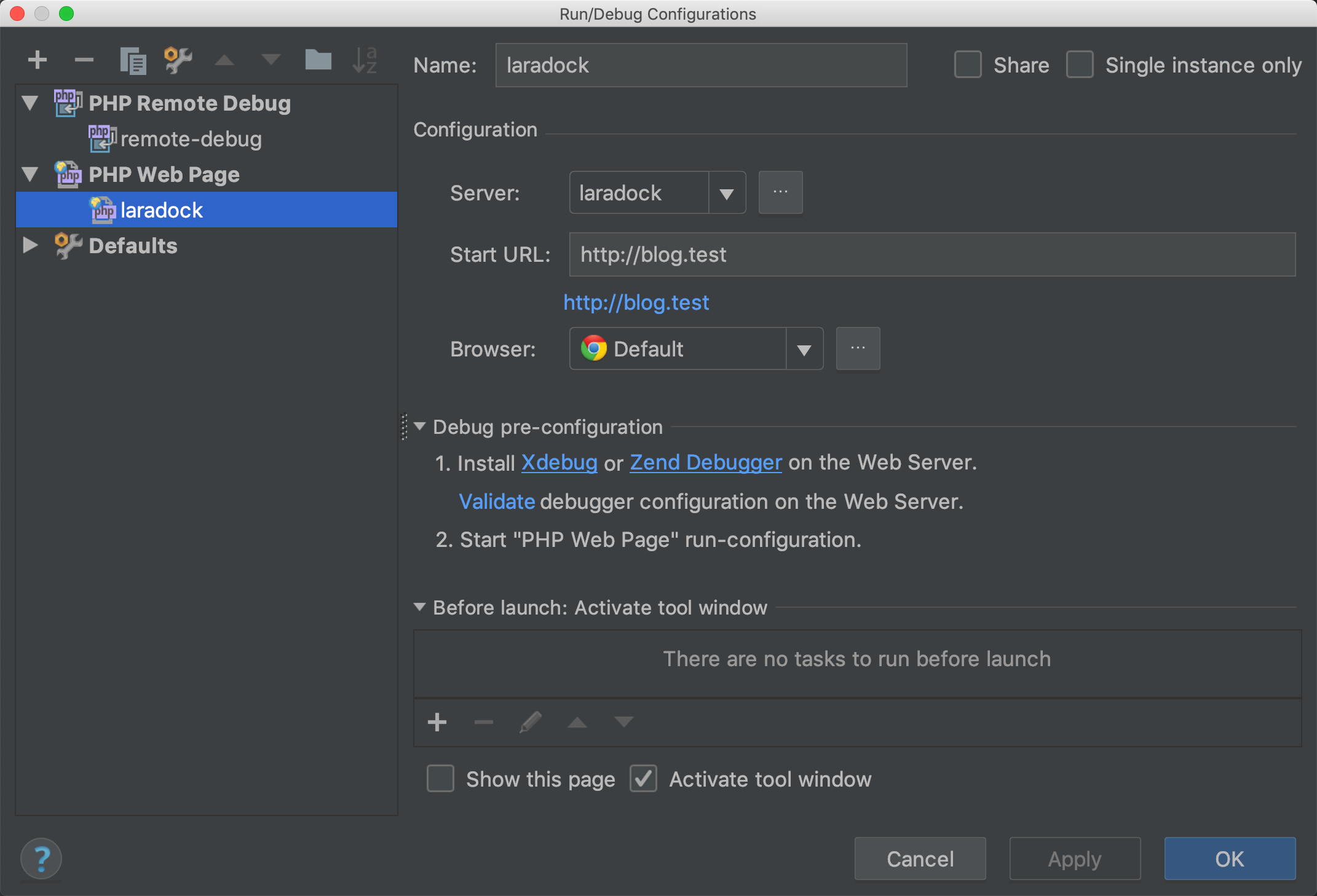 php web page setting in PhpStorm