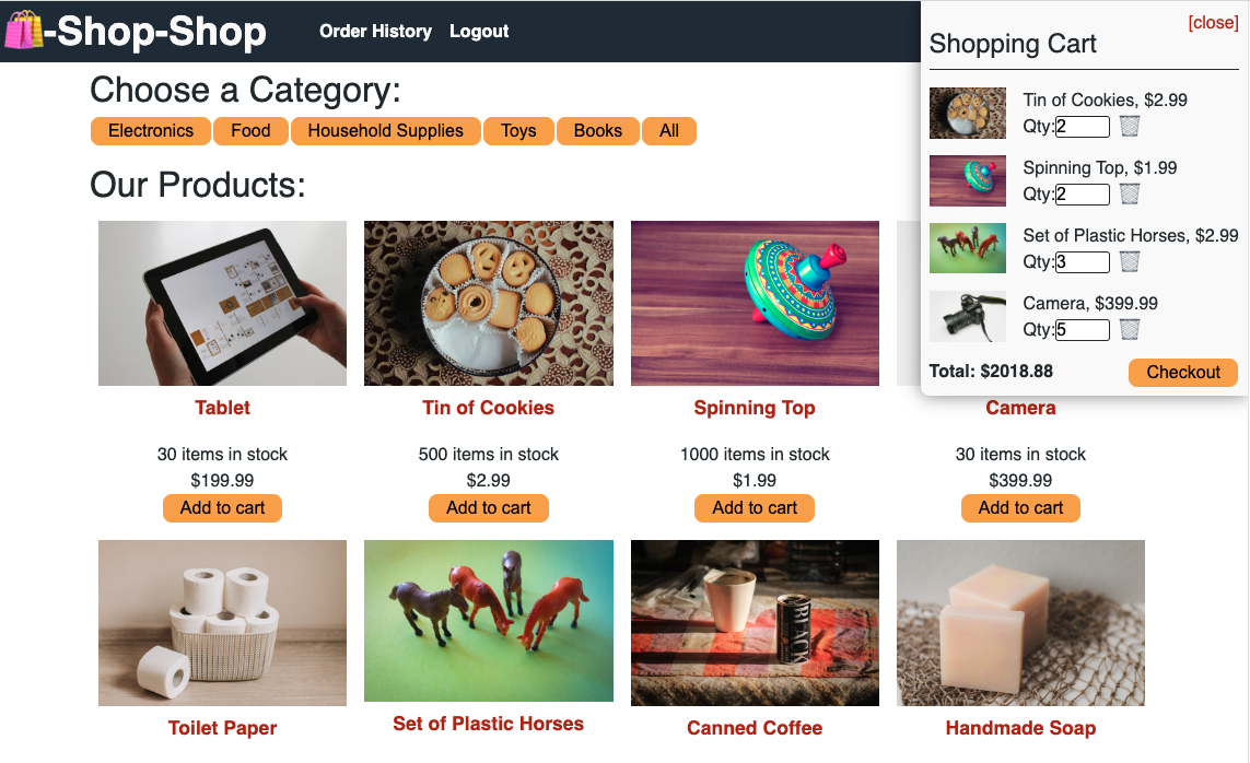 Homepage and popup cart functionality showing