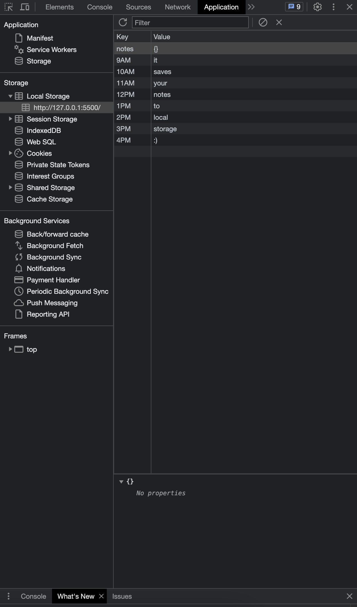 view of local storage with saved notes