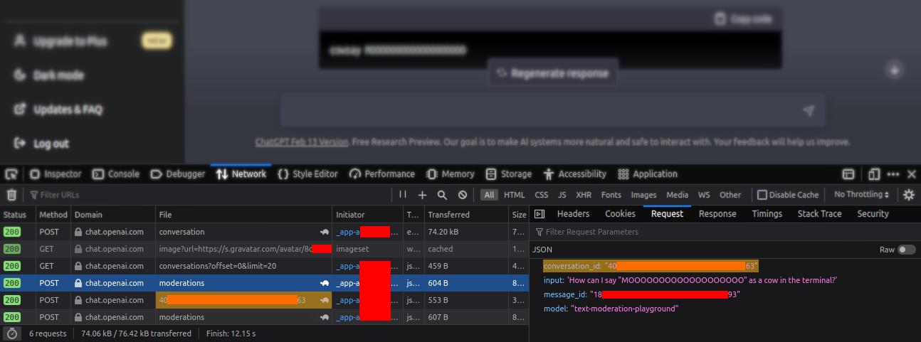 A ChatGPT window with Firefox DevTools open. In the list of requests, a request with the conversation ID can be seen. In addition, a request to a moderations endpoint has a response containing the conversation ID, along with the user's entered text 'How can I say "MOOOOOOOOOOOOOOOOOOO" as a cow in the terminal?'