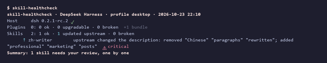 skill-healthcheck: one checkup flags a skill whose upstream description changed