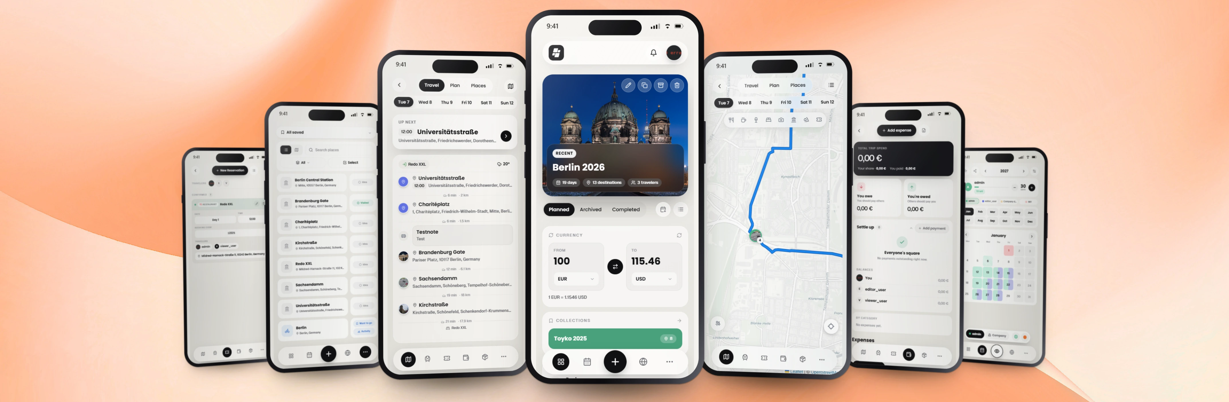 Mobile PWA · dashboard, day plan, map, costs