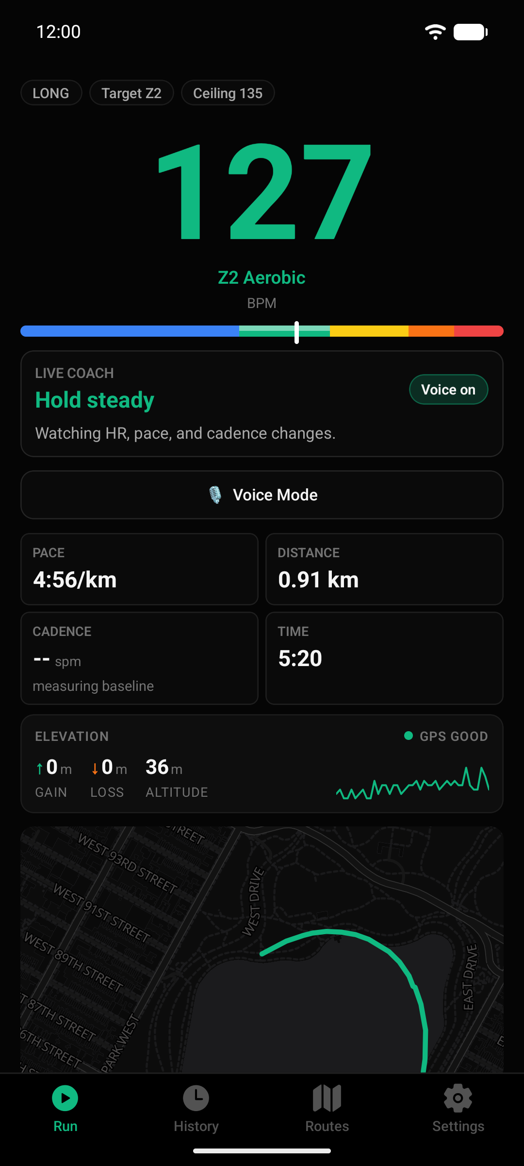 Live run with a big heart rate number, the zone bar, pace, distance and the route map