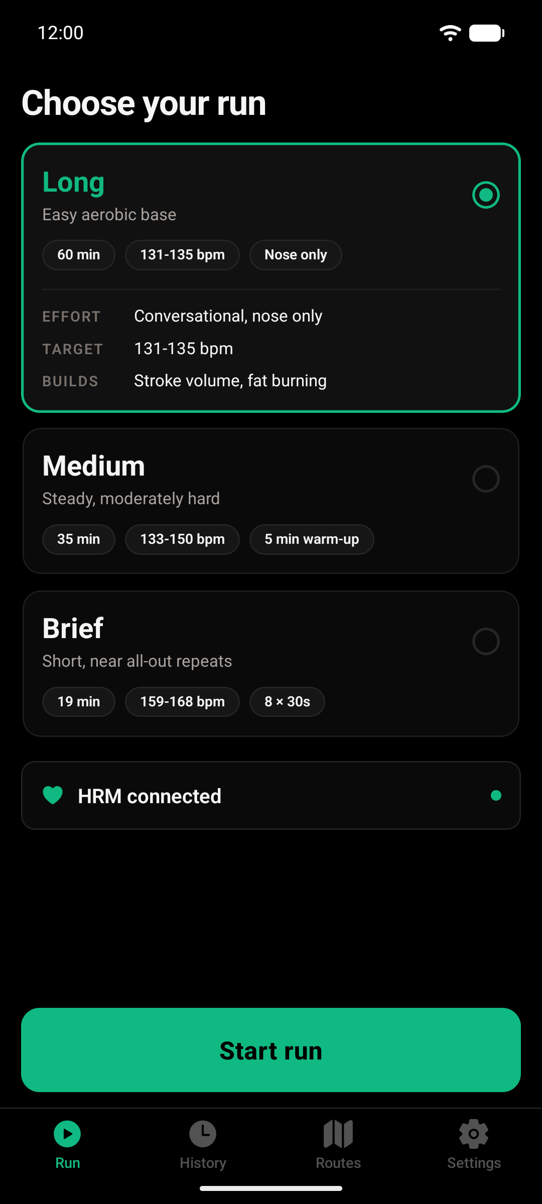 Run picker with the Long, Medium and Brief runs