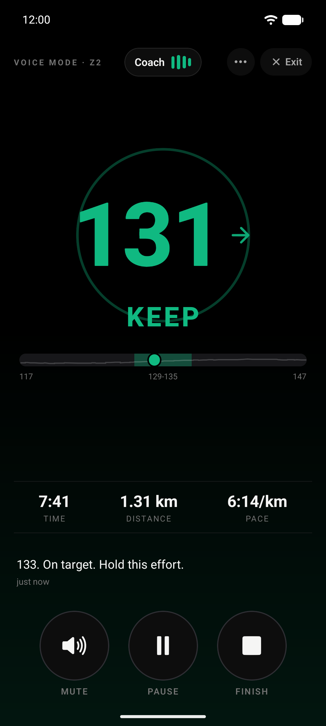 Voice Mode holding a strict heart rate band, showing KEEP