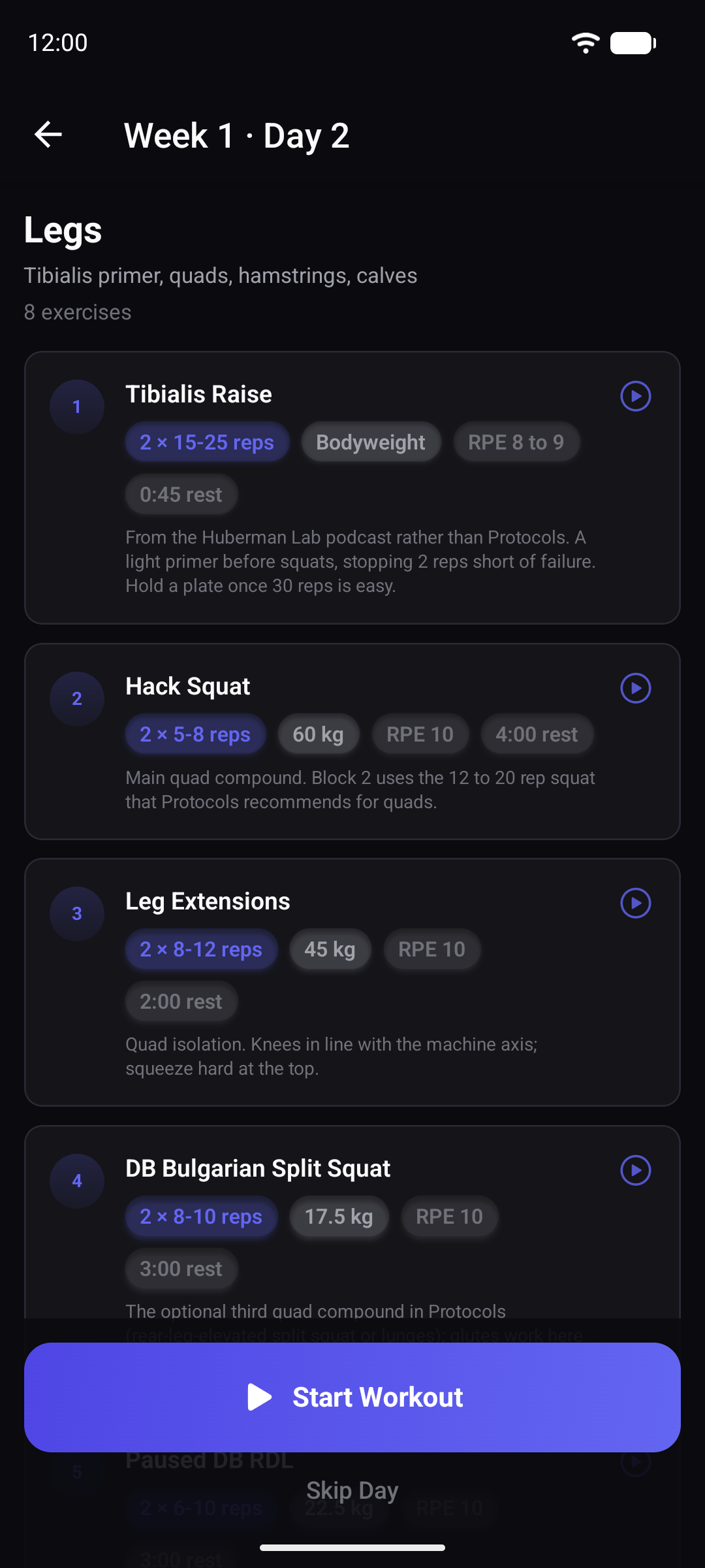 Legs day with sets, rep ranges, rest times and starting weights