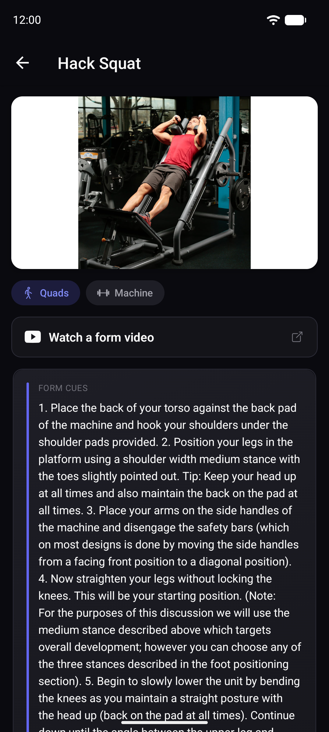 Exercise detail with a photo, muscle and equipment, and a link to a form video