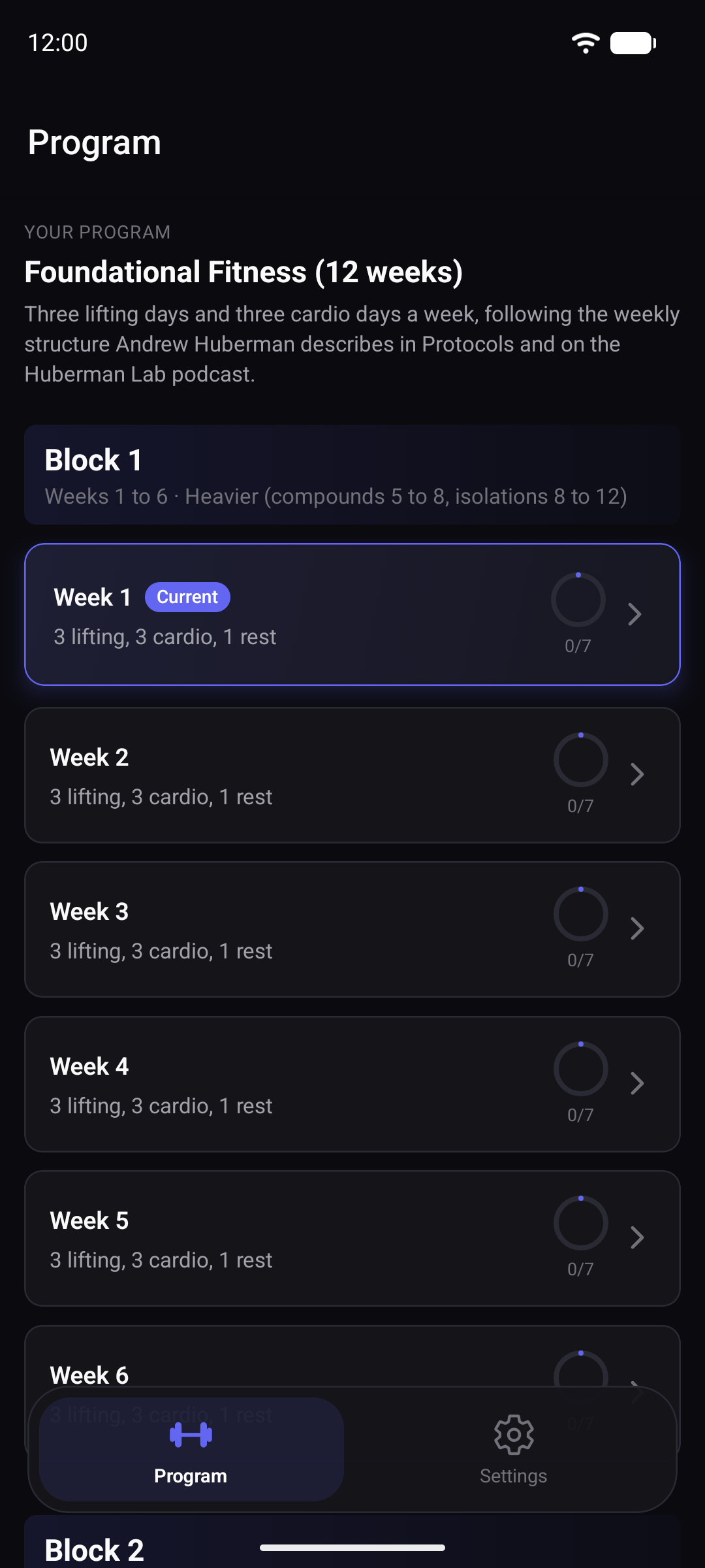 Program tab with the program summary and the Block 1 weeks