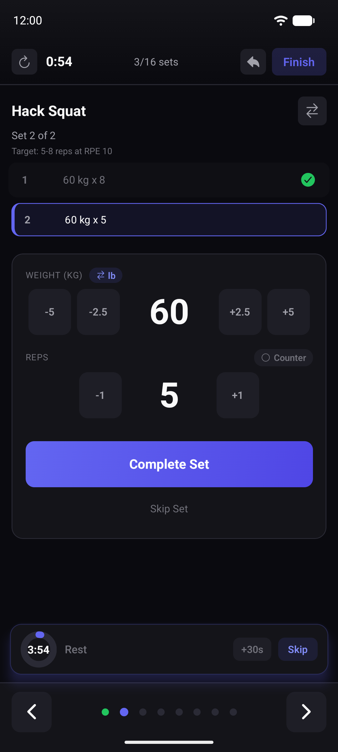 Workout screen with the prescribed weight pre-filled and the rest timer running