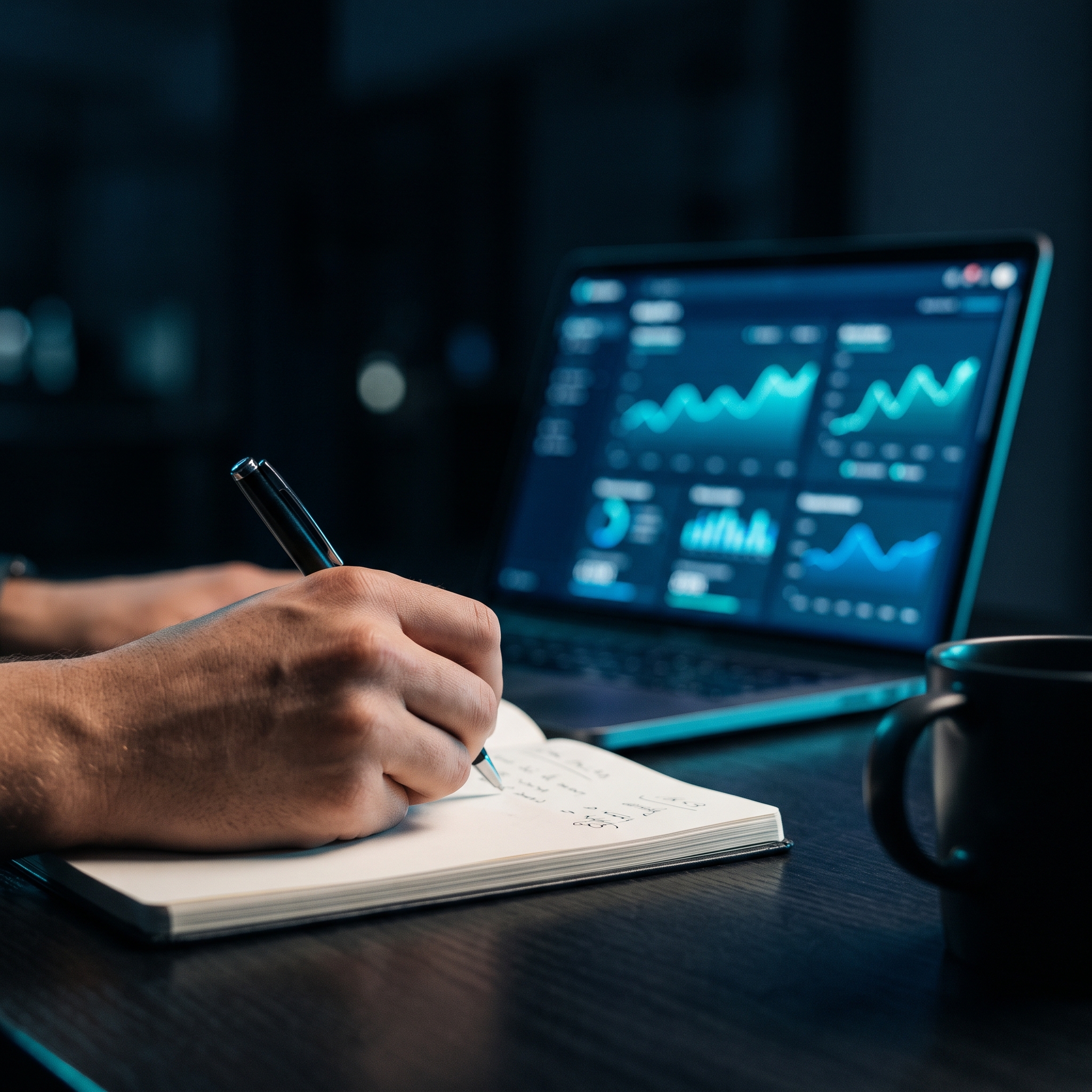 Hand writing notes beside a laptop showing an analytics dashboard