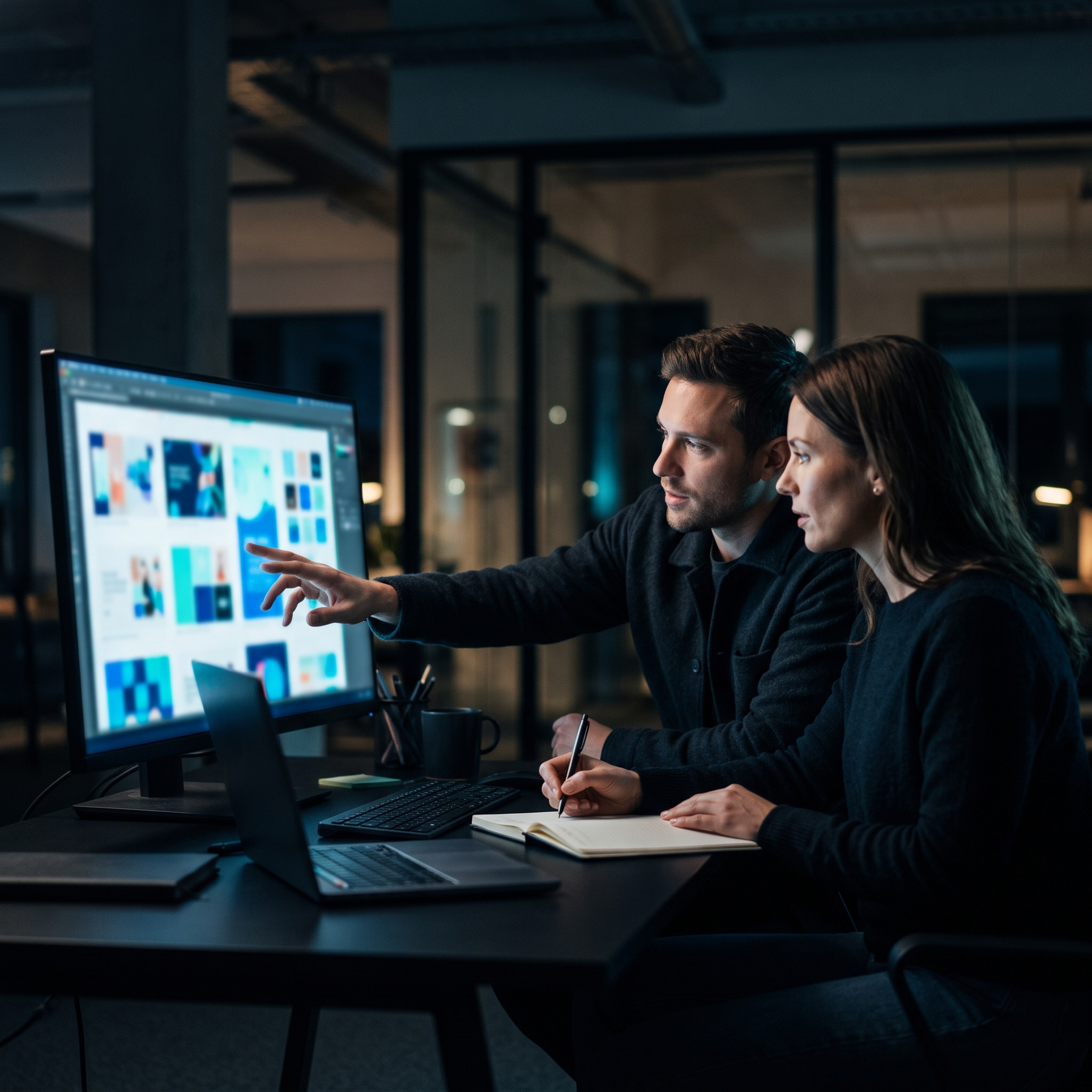 Two marketers reviewing ad designs together on a large monitor