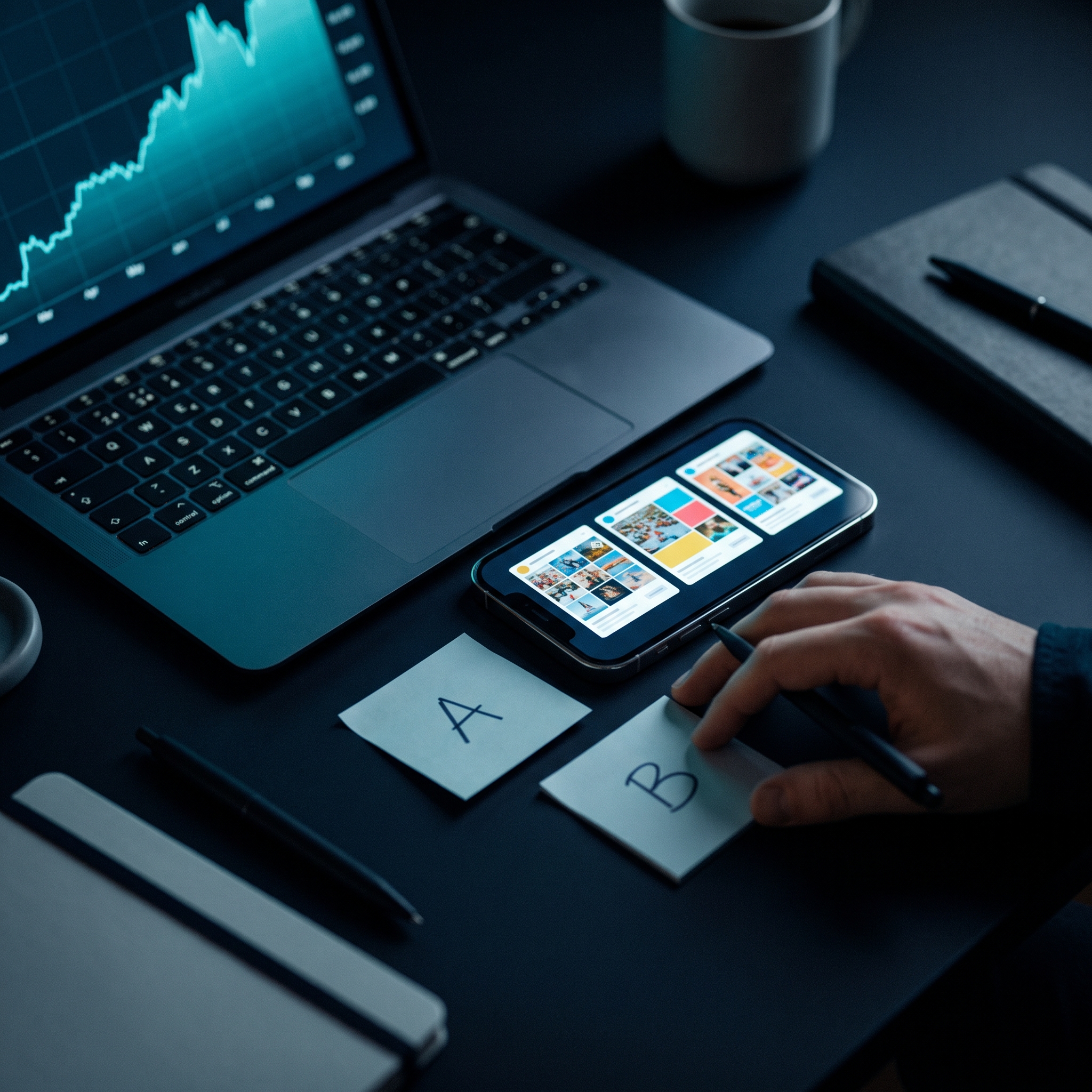 Smartphone showing ad layouts beside a laptop growth chart and notes marked A and B