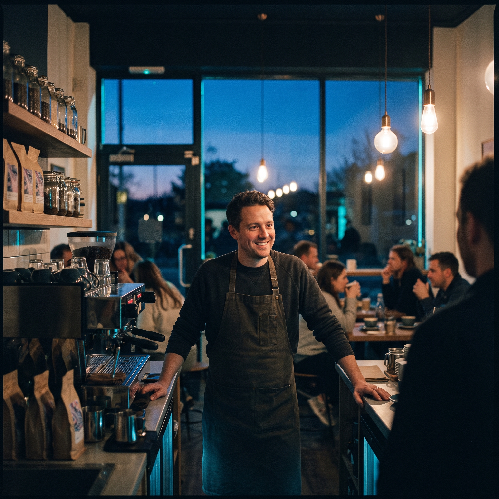Cafe owner smiling behind the counter with customers inside at dusk
