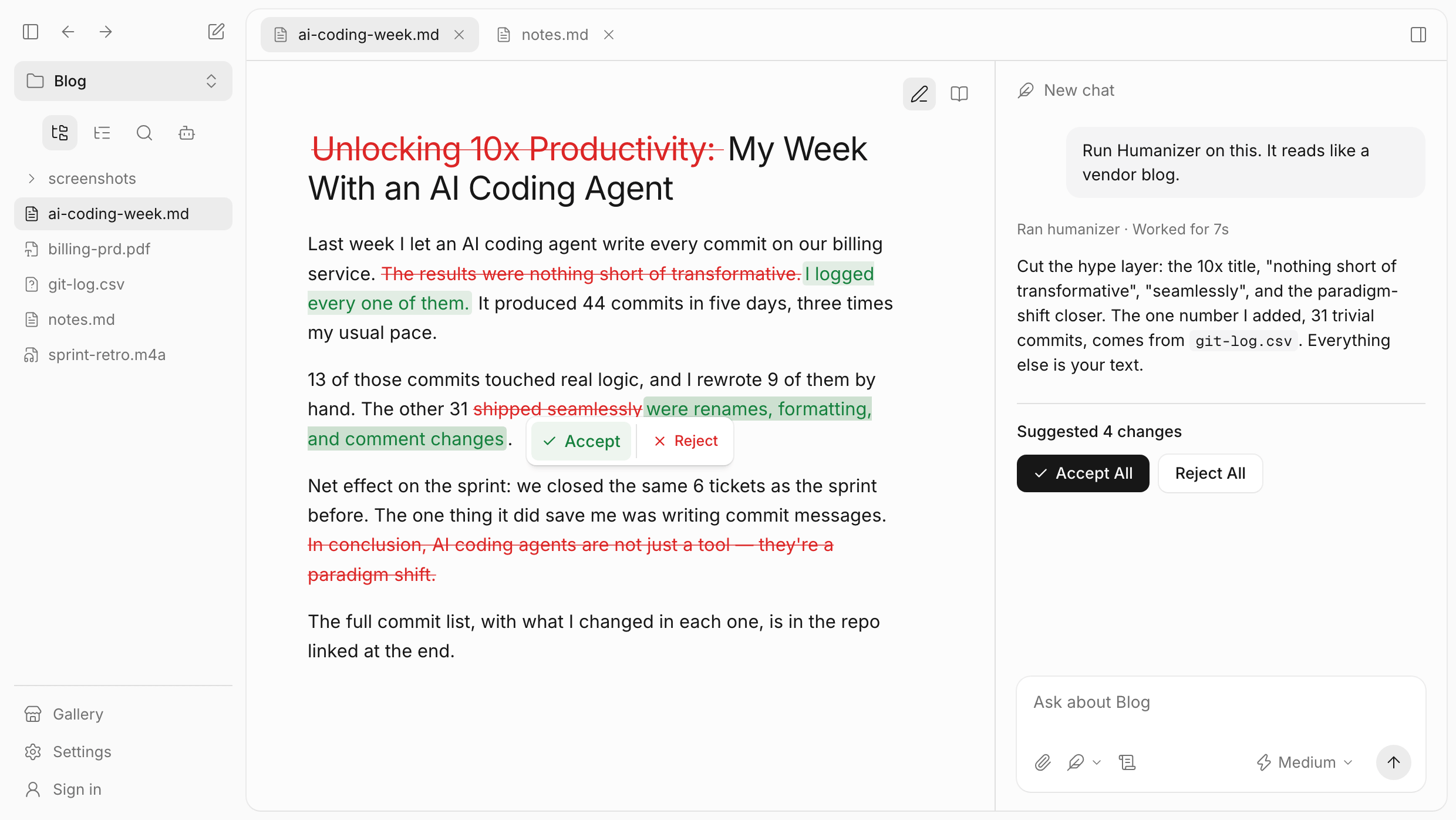 StashBase design prototype: reviewing suggested inline document revisions alongside Agent chat