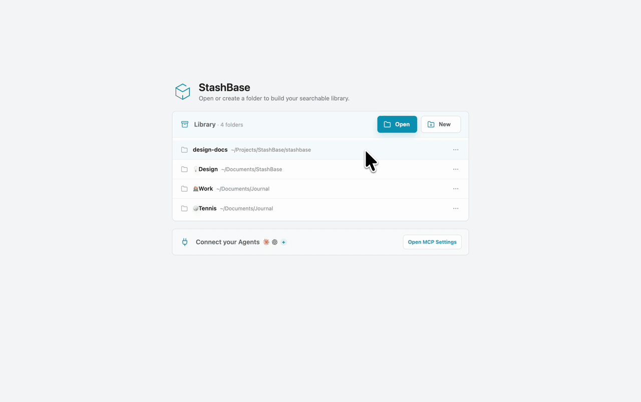 StashBase demo: opening local design docs and asking the Agent about architecture and product direction