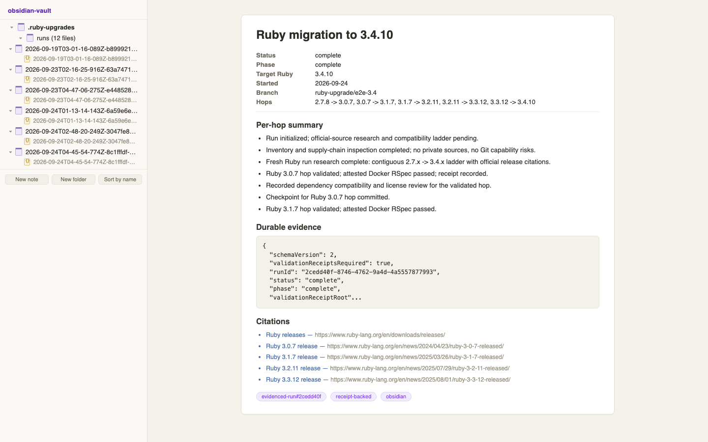 Example vault view: run reports as paired Markdown and JSON notes
