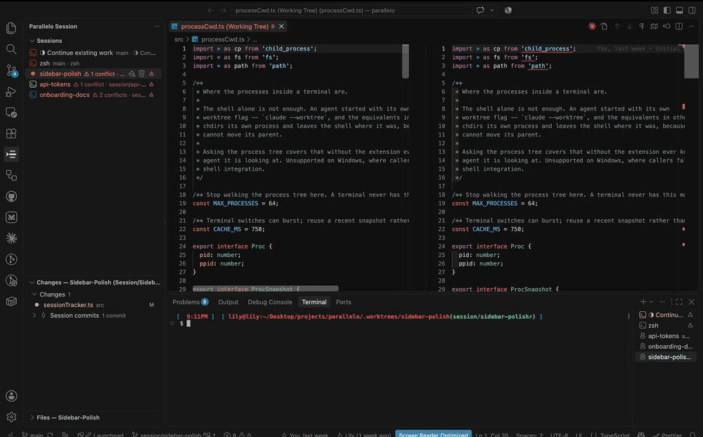 Switching between three worktree sessions: the Changes panel, the file tree, the terminal and the status bar all follow the session you pick
