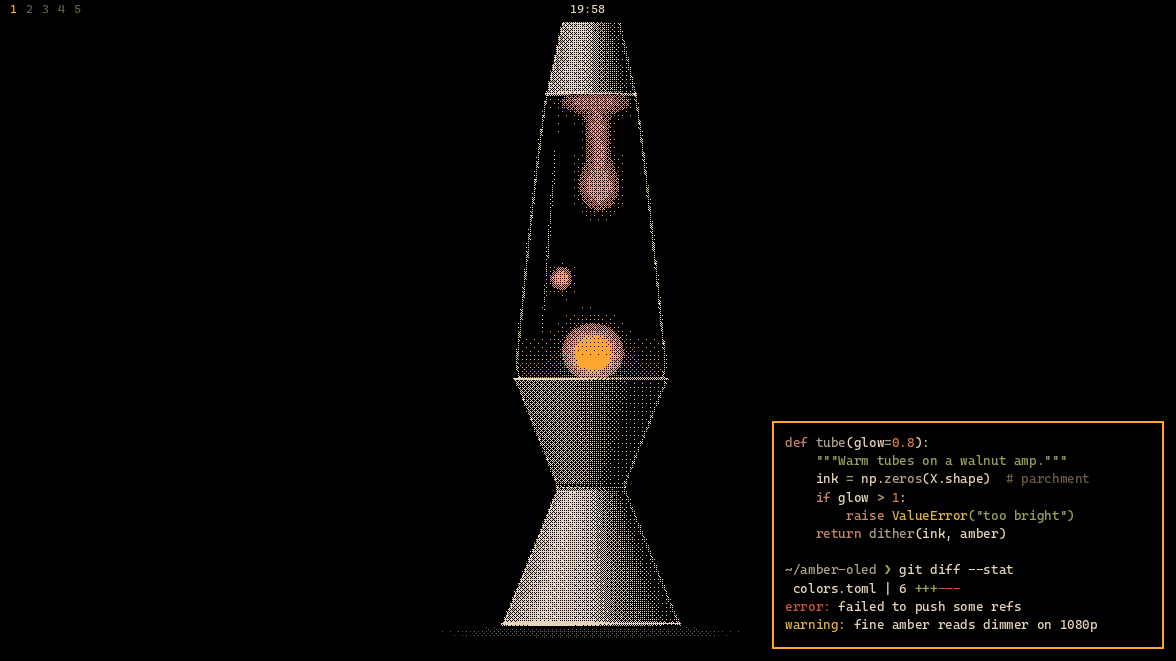 Amber OLED: a terminal in the theme's colours over the lava lamp