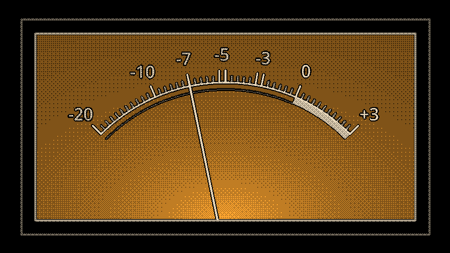 A VU meter, its dial glowing amber