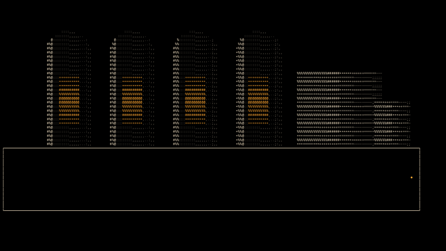A tube amp with its tubes glowing amber, drawn in ASCII