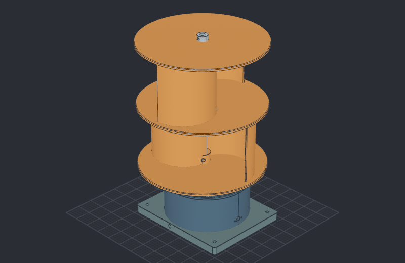 Two-stage vertical-axis turbine with its bearing-supported shaft and generator drive