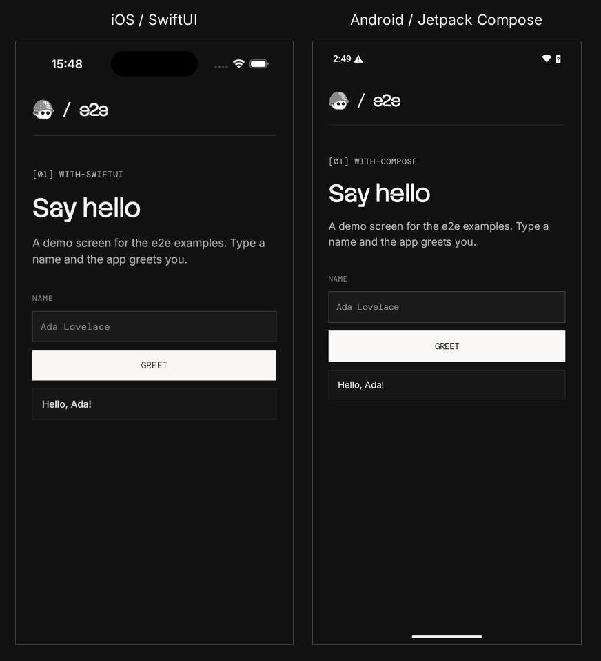 iOS on the left and Android on the right, both showing Hello, Ada!