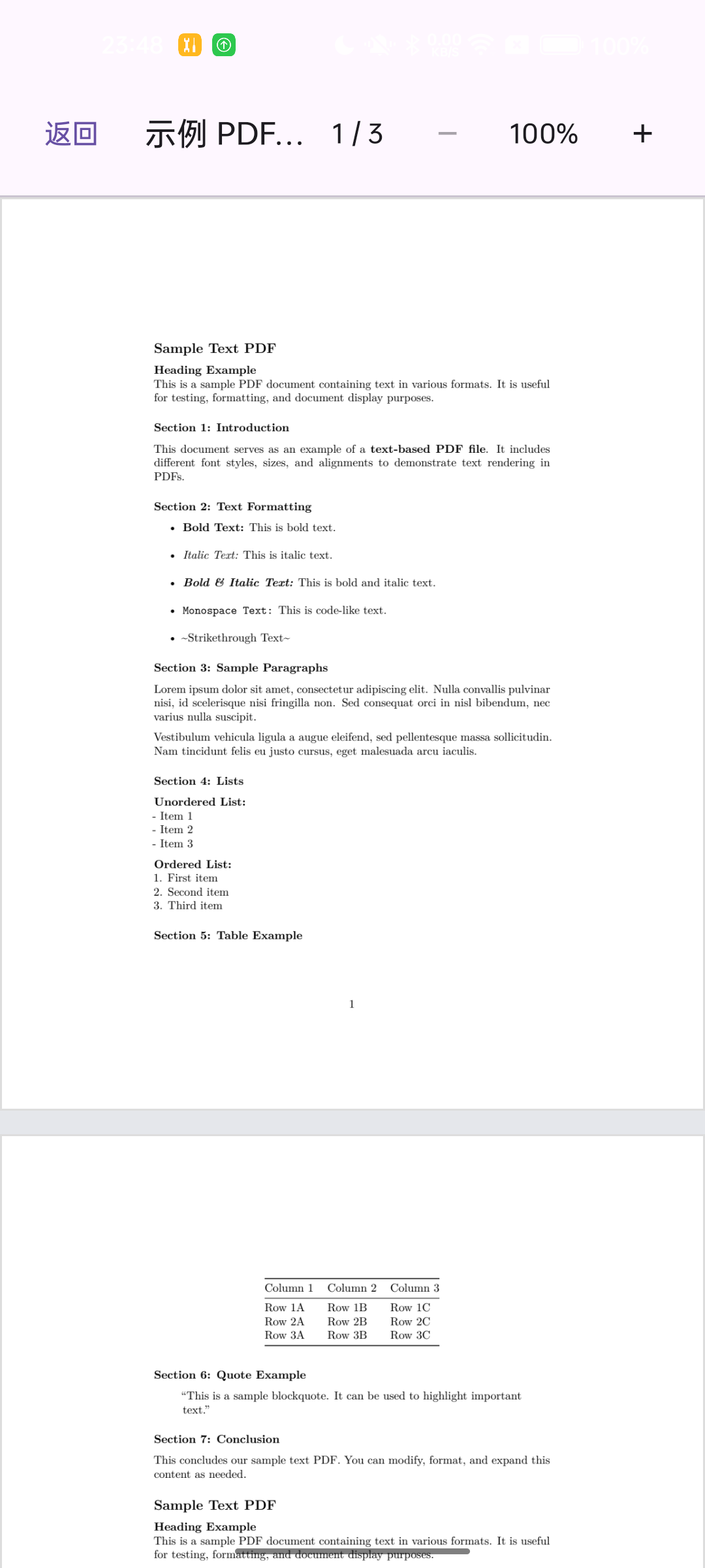 PDF displayed in the Android demo