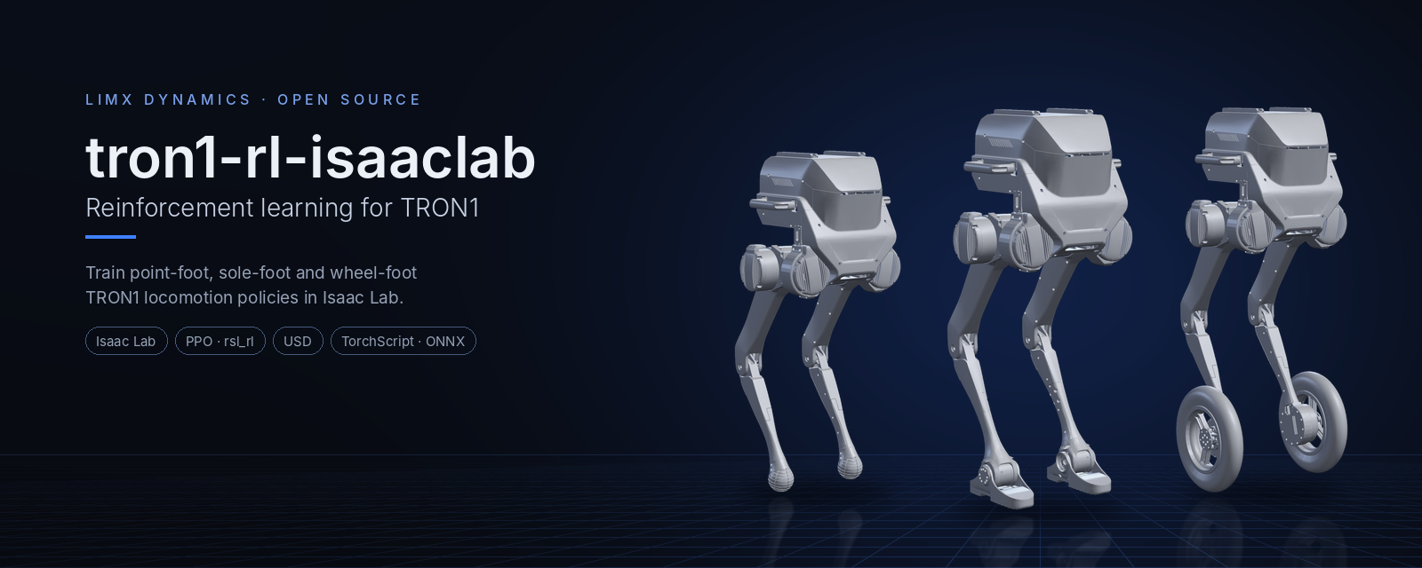 tron1-rl-isaaclab: point-foot, sole-foot and wheel-foot TRON1 rendered from the bundled USD models