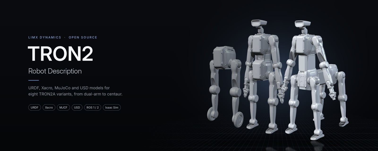TRON2 robot description: TRON2A variants rendered from the MuJoCo models