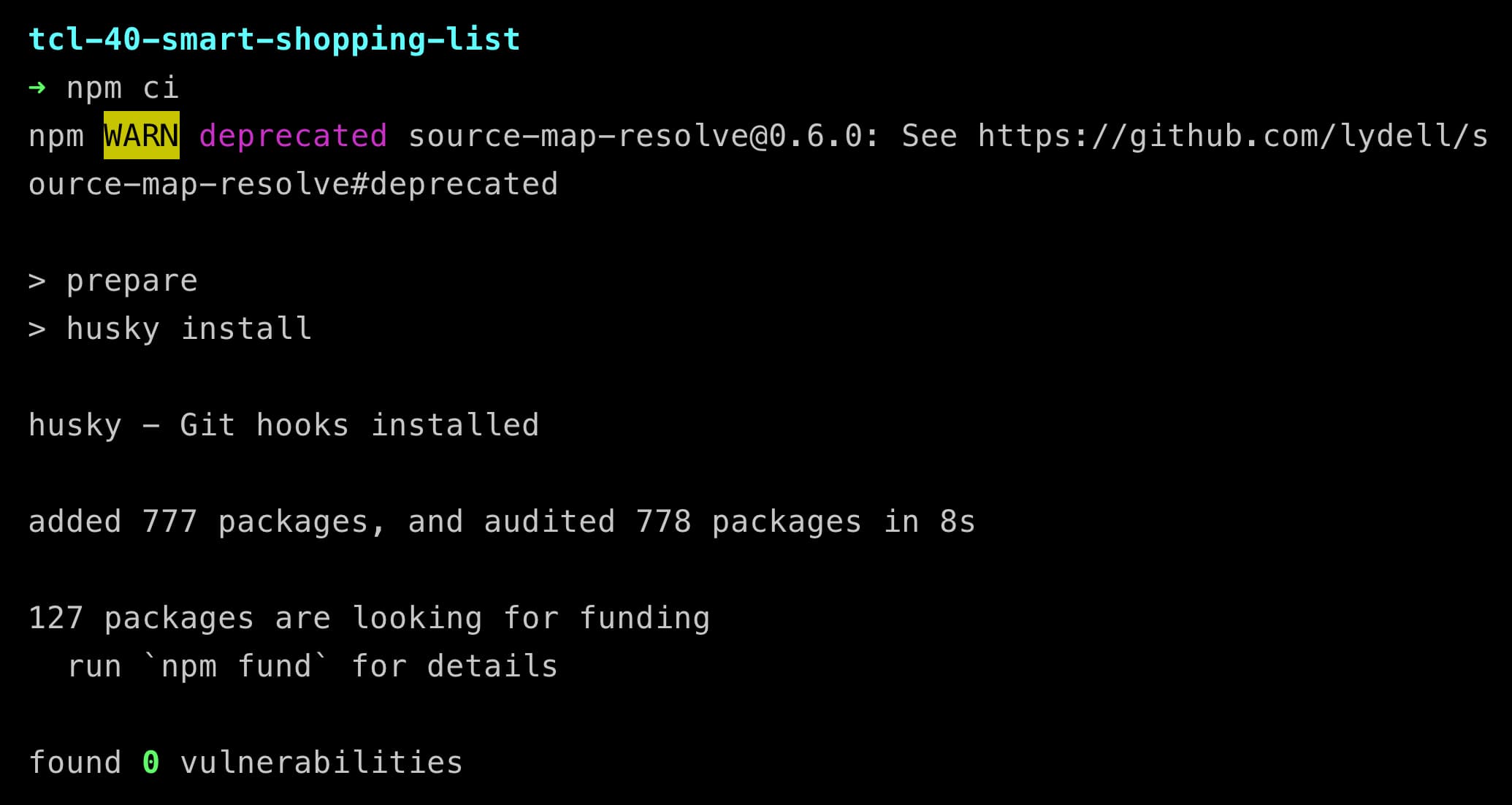 screenshot of npm ci in the terminal